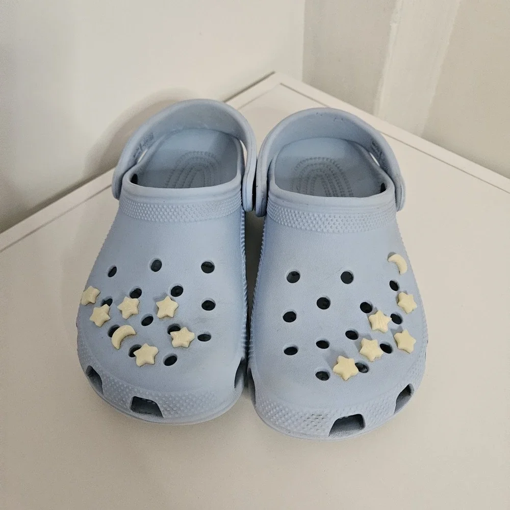 CROCS Kids Light Blue Clog Sandals with Cream Star & Moon Charms